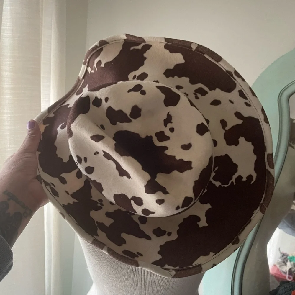 Urban Outfitters wool Brown and White Cow Print Cowboy Hat - Picture 7 of 14